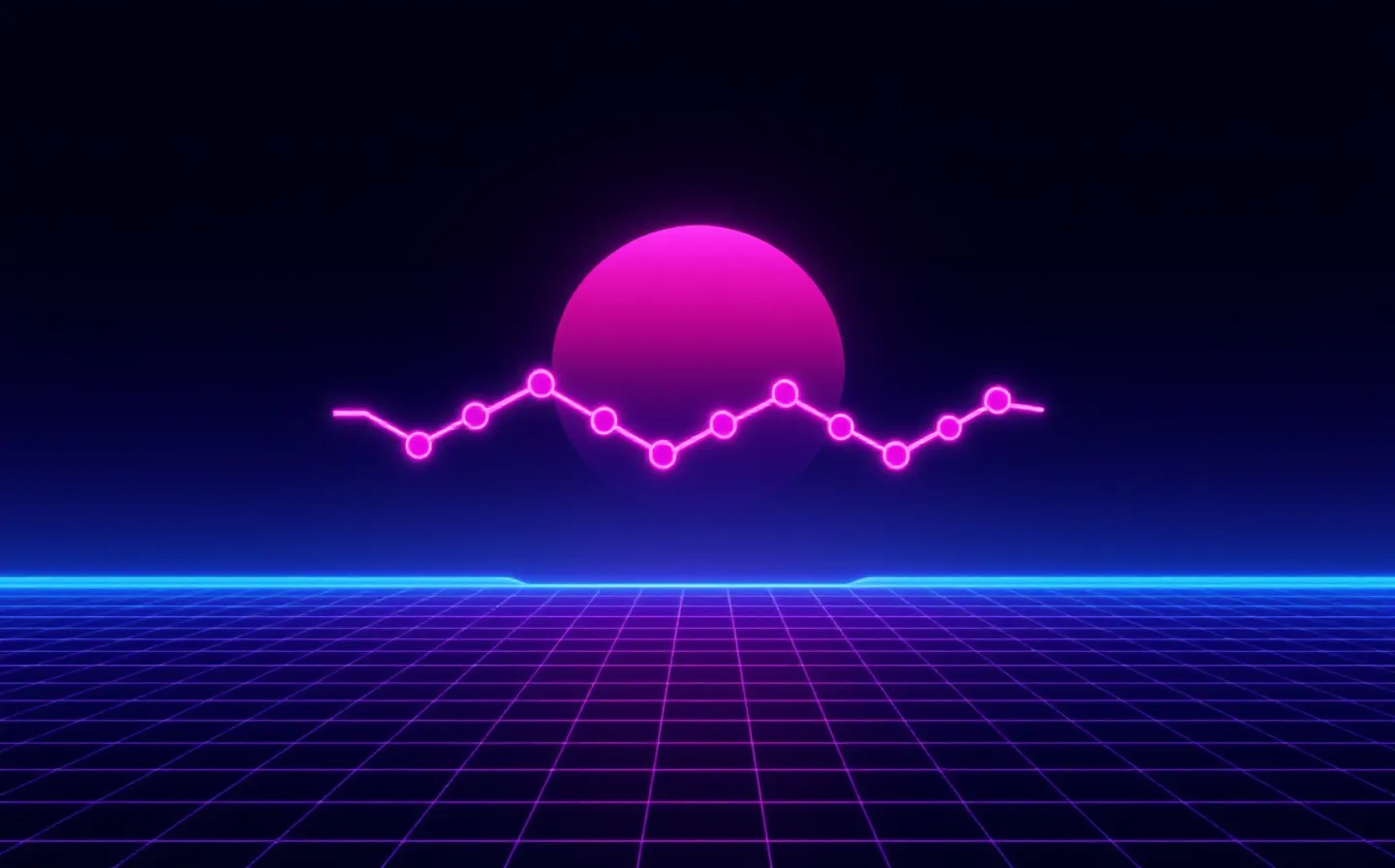 A neon synthwave schematic of a coiled fifteen-bead pentadecapeptide chain in neon pink with a cyan-magenta fringe over a faint neon sunset-grid horizon, on a deep violet-black ground